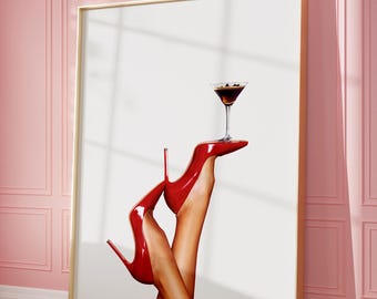 High Heels Print, Espresso Martini Art Print, Trendy Wall Art, Girly Art, Femme Fatale, Feminist Retro Poster, Red boots | Instant Download