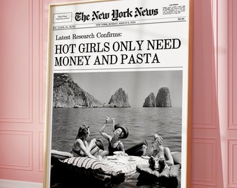 Trendy Newspaper Print, Retro Wall Art, Pasta, New York News | Vintage Bar Cart Art, Girly Dorm Apartment Aesthetic Art | Instant Download