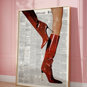 Retro Newspaper Print, Trendy Wall art Poster, Red Boots | Fashion Icon Poster, Red Wall art, Retro Art | Instant Download