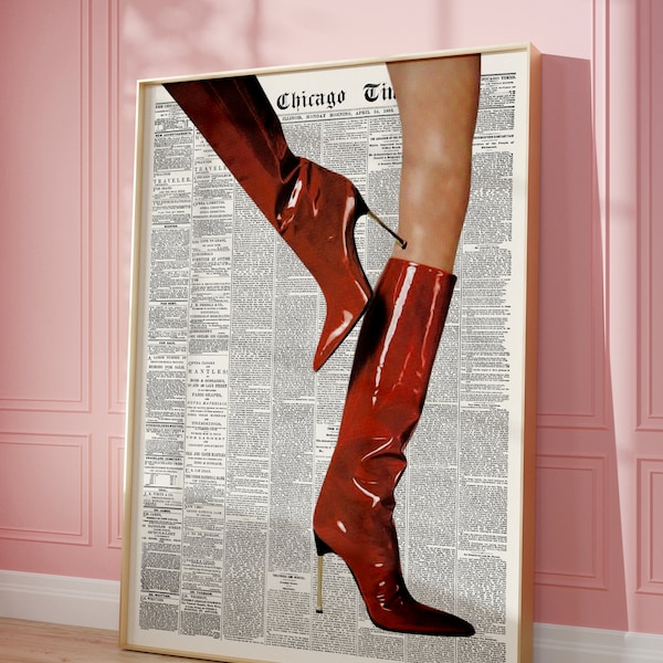 Retro Newspaper Print, Trendy Wall art Poster, Red Boots | Fashion Icon Poster, Red Wall ar, Retro Art | Instant Download