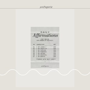 K&ouml;nnte beinhalten: Eine druckbare Liste mit t&auml;glichen Affirmationen mit wei&szlig;em Hintergrund und schwarzem Text. Die Liste enth&auml;lt Affirmationen wie "Ich bin geliebt", "Ich bin kreativ" und "Ich bin wertvoll".