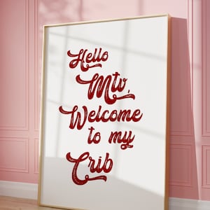 トレンディなウォールアート、MTV Welcome to my Crib プリント、赤いレトロな壁装飾、赤いウォールアート、タイポグラフィポスター、アパートメントの美学 | 即時ダウンロード
