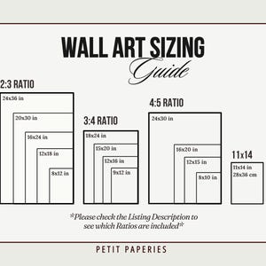 K&ouml;nnte beinhalten: Ein Diagramm, das verschiedene Wandkunst-Gr&ouml;&szlig;enverh&auml;ltnisse zeigt, darunter 2:3, 3:4, 4:5 und 11x14. Das Diagramm zeigt die Abmessungen jedes Verh&auml;ltnisses in Zoll, wobei die gr&ouml;&szlig;te Gr&ouml;&szlig;e 24x36 Zoll und die kleinste 8x10 Zoll betr&auml;gt. Der Text "Bitte &uuml;berpr&uuml;fen Sie die Listungsbeschreibung, um zu sehen, welche Verh&auml;ltnisse enthalten sind" befindet sich am unteren Rand des Diagramms.