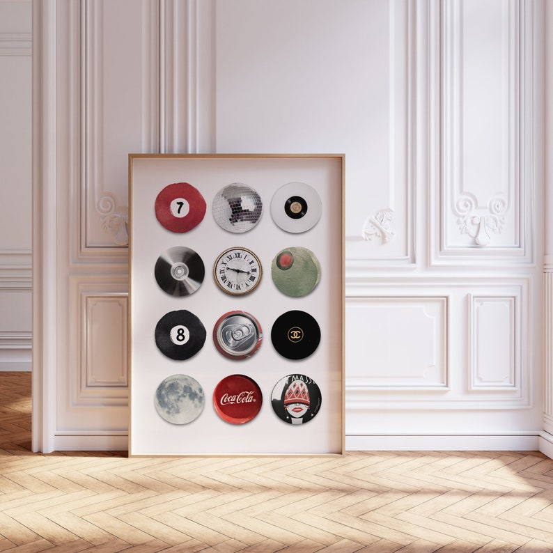May include: A white poster with a grid of 12 round images. The images include a red billiard ball with the number 7, a disco ball, a black and white record, a CD, a clock, a green apple, a black billiard ball with the number 8, a can of soda, a black and white Chanel logo, the moon, a Coca-Cola can, and a woman wearing a red hat.
