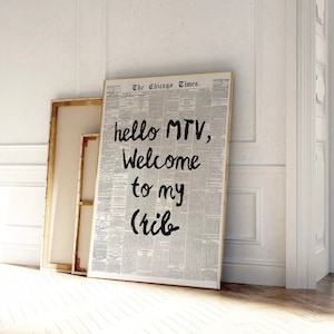 Hi MTV、Welcome to my Crib プリント、レトロな新聞、トレンディなウォールアート、タイポグラフィポスター、アパートメントの美学、印刷可能 | 即時ダウンロード