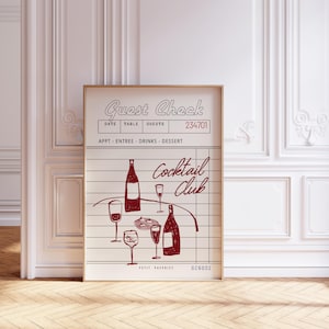 Gastcheque print, retro drankje poster, bar kar decor, doodle handgetekende muur print, cocktailliefhebbers cadeau, rode muur kunst | Direct downloaden
