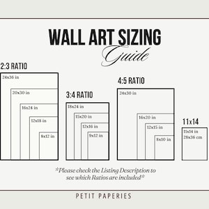 Op de afbeelding: Een grafiek die verschillende wandkunst-formaatverhoudingen laat zien, waaronder 2:3, 3:4, 4:5 en 11x14. De grafiek toont de afmetingen van elke verhouding in inches, waarbij de grootste maat 24x36 inch is en de kleinste 8x10 inch. De tekst "Controleer de productbeschrijving om te zien welke verhoudingen zijn inbegrepen" staat onderaan de grafiek.