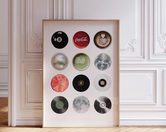 Retro circles collage Print, Trendy Wall Art decor colorful funky Collage Wall Art, Trendy Dorm Decor, 8 Ball Print | Instant Download