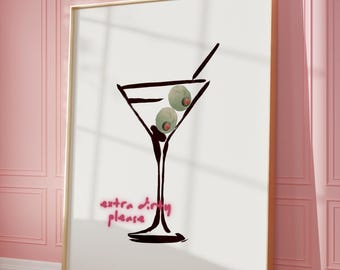 Extra Dirty Please Martini Cocktail print, Martini Wall Art, Bar Cart Poster, Retro Cocktail Poster, Trendy Cool Wall art | Instant Download