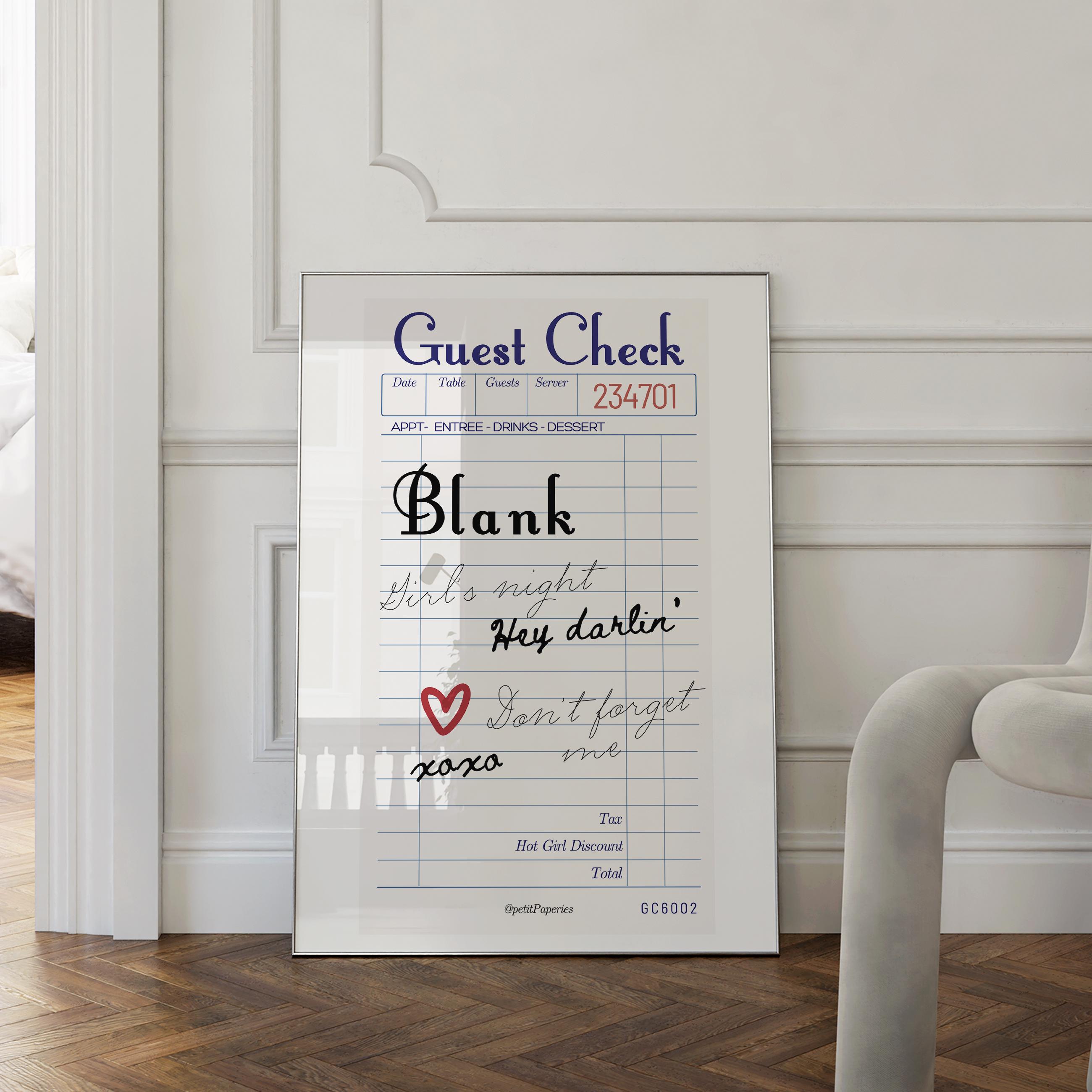 BLANK Guest Check Receipt Print, Girl's Night Dorm Wall Art | Minimal Wall  Poster | Guest Check | Trendy Girly Art Retro | Instant Download - Etsy, image size:2600x2600