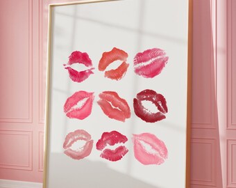 Lipstick Kisses Lips Kiss Print, Pink Red Wall Art Aesthetic Poster Funky Girly Prints | Bathroom poster, Dorm Wall art | Instant Download