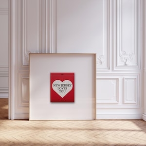 New Jersey Loves You, trendy retro luciferboekprint, rode muurkunst | Vintage luciferdoosje muurkunst, appartement esthetiek | Digitale download