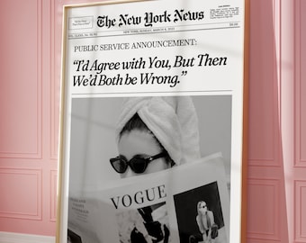 Trendy Newspaper Print, Retro Newspaper Poster, Cool Girl Art, New York News, Magazine Bar Cart Print, College Dorm Decor| Instant Download