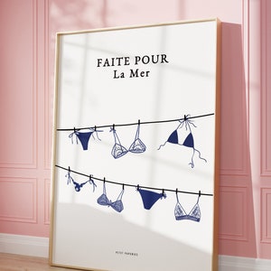 Impresión de pared costera vintage, cartel de bikini de moda, arte de pared de verano italiano, estética de apartamento francés, día de lavandería / descarga instantánea