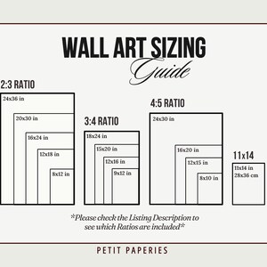 Puede incluir: Un gr&aacute;fico que muestra diferentes proporciones de tama&ntilde;o de arte de pared, incluyendo 2:3, 3:4, 4:5 y 11x14. El gr&aacute;fico muestra las dimensiones de cada proporci&oacute;n en pulgadas, siendo el tama&ntilde;o m&aacute;s grande 24x36 pulgadas y el m&aacute;s peque&ntilde;o 8x10 pulgadas. El texto "Por favor, consulte la descripci&oacute;n del listado para ver qu&eacute; proporciones est&aacute;n incluidas" est&aacute; en la parte inferior del gr&aacute;fico.