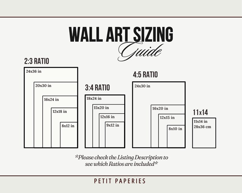 Puede incluir: Un gr&aacute;fico que muestra diferentes proporciones de tama&ntilde;o de arte de pared, incluyendo 2:3, 3:4, 4:5 y 11x14. El gr&aacute;fico muestra las dimensiones de cada proporci&oacute;n en pulgadas, siendo el tama&ntilde;o m&aacute;s grande 24x36 pulgadas y el m&aacute;s peque&ntilde;o 8x10 pulgadas. El texto "Por favor, consulte la descripci&oacute;n del listado para ver qu&eacute; proporciones est&aacute;n incluidas" est&aacute; en la parte inferior del gr&aacute;fico.