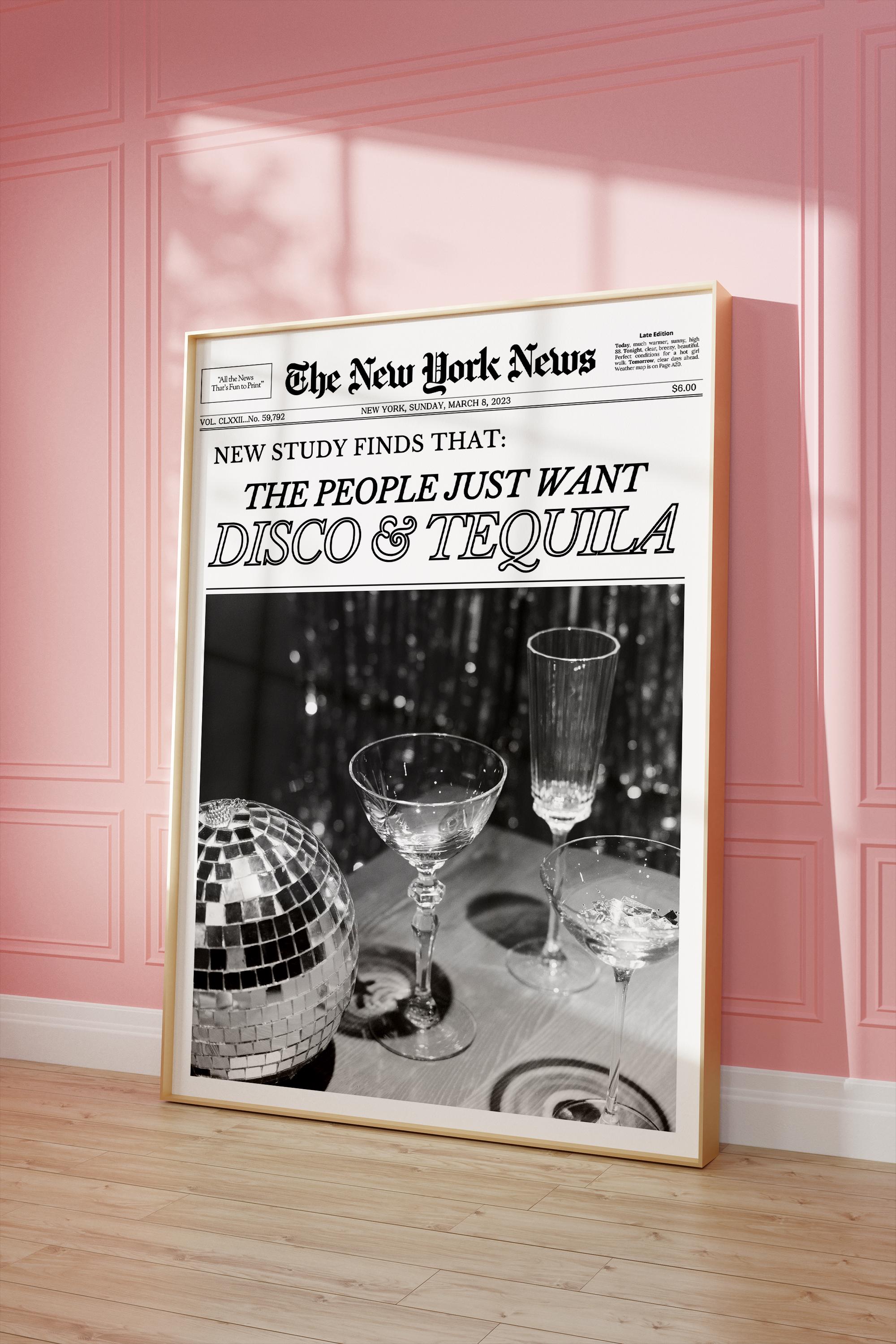 Disco & Tequila Print, Newspaper Print, New York News Poster, Trendy Disco Wall Art, Newsprint | Bar Cart art, Retro | Instant Download