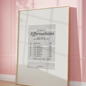 Daily Affirmations Wall Art Print Trendy | Guest Check Recipe Receipt Print | Aesthetic Minimalist art | Self Love Retro | Instant Download