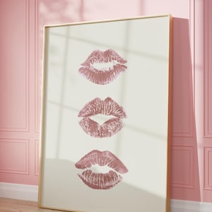 Girly trendy wall Art Aesthetic print, Kiss Lipstick Print, Pink Beige Mauve Wall Art, Minimalist | College Dorm Wall art | Instant Download