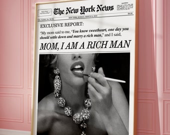 May include: A black and white photo of a woman applying lipstick. The photo is framed and has a newspaper headline that reads "MOM, I AM A RICH MAN". The newspaper is titled "The New York News" and the date is March 8, 2023.