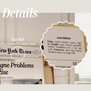 May include: A framed newspaper clipping from the New York Times dated March 8, 2023, with the headline "Tionwide: Igne Problems Rise". The clipping is next to a framed white sign with the text "Late Edition" and a weather forecast for the day.