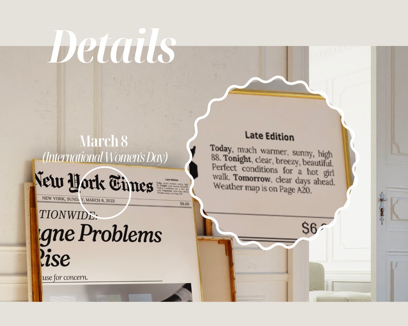 May include: A framed newspaper clipping from the New York Times dated March 8, 2023, with the headline "Tionwide: Igne Problems Rise". The clipping is next to a framed white sign with the text "Late Edition" and a weather forecast for the day.