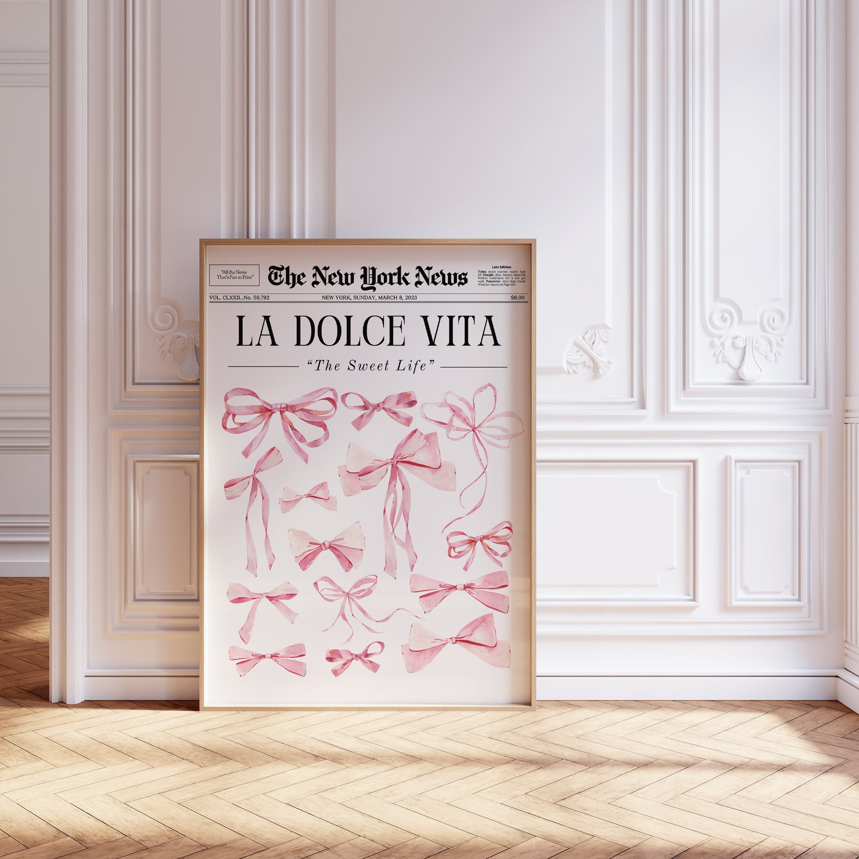 Pink Bows Wall art, Newspaper Print, La Dolce Vita, Girly wall decor, Coquette College Dorm decor, Preppy wall art | Instant Download