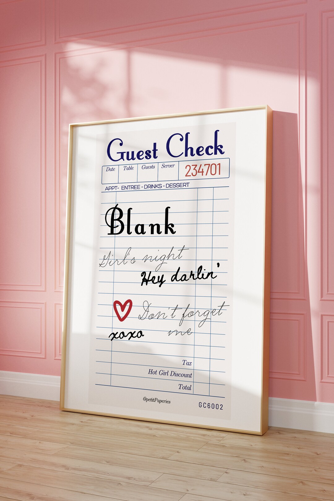 BLANK Guest Check Receipt Print, Girl's Night Dorm Wall Art | Minimal ...
