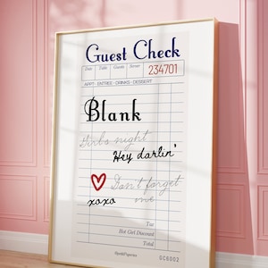 BLANK Guest Check Receipt Print, Girl's Night Dorm Wall art | Minimal Wall Poster | Guest Check | Trendy Girly art Retro | Instant Download