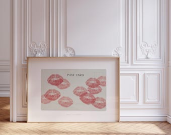 Lipstick Kisses Print, Trendy Wall poster, Vintage Post Card Love Note Wall art, Kiss Aesthetic print | Instant Download