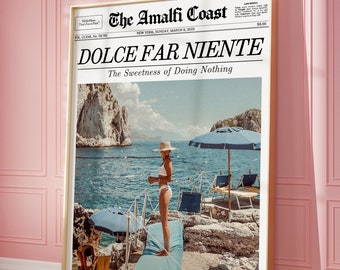 Zeitungsdruck, Dolce Far Niente, La Dolce Vita, Überschrift des italienischen Sommer-Wandkunstmagazins | Trendige Wandkunst Vintage, druckbare Wandkunst