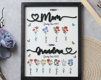 Grandma's Wooden Sign With Birth Flowers, Custom Birth Month Mom's Flowers Sign, First Mom Now Grandma, Mother's Day Gifts, Grandma's Gift