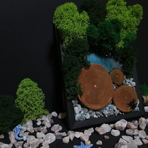 May include: A framed moss art piece with a black frame and a blue and green moss design. The moss is arranged to look like a forest scene with a small lake in the centre. The frame is surrounded by small white rocks and a blue starfish and seahorse.