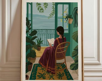 Indian Woman In Saree Reading Book Print, Indian Poster, Traditional Indian Art, India Wall Art, Desi Poster, Boho Art (Digital Download)