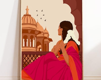 Traditional Indian Woman Art, Gajra Art, Tamil Girl Wall Art, Desi Brown Girl Art, Indian Art Print, South Asian Art Digital Download