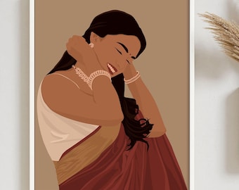 Modern Indian Woman in Saree Wall Decor, Tamil Girl Wall Art, Desi Brown Girl Art, Indian Art Print, South Asian Art Digital Download