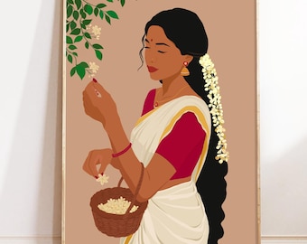 Indian Woman in Saree Wall Art, Desi Print, South Asian Illustration, Jasmine Flower Art, South Indian Art, Brown Girl  (Digital Download)