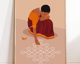 Rangoli Kolam Wall Art, Indian Woman Saree Art, Pooja Room Decor (Digital Download)