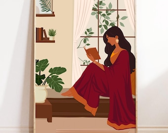 Indisk kvinna som läser konsttryck: Boho Desi-konst (digital nedladdning)