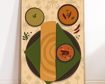 Masala Dosa Poster, South Indian Food Art Print, Desi Kitchen Wall Art, Modern South Asian Decor, Indian Restaurant  Wall Decor, Foodie Gift