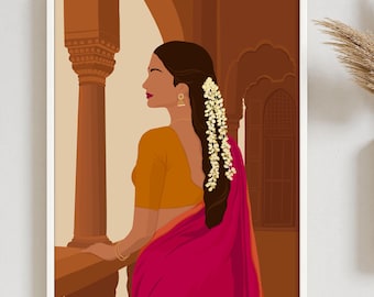 Arte de mujer moderna con sari, impresión artística de niña morena, arte del sur de la India, arte del sur de Asia, arte femenino, arte telugu, impresión desi, arte tamil, arte indio