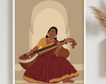 Indian Woman Playing Veena Painting, South Asian Desi Wall Art, Veena Art, Traditional Wall Art, Saraswati Veena Poster, Tamil Girl Print
