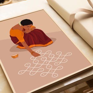 Rangoli Kolam väggkonst, indisk kvinna sari-konst, Pooja rumsdekor (digital nedladdning) bild 8