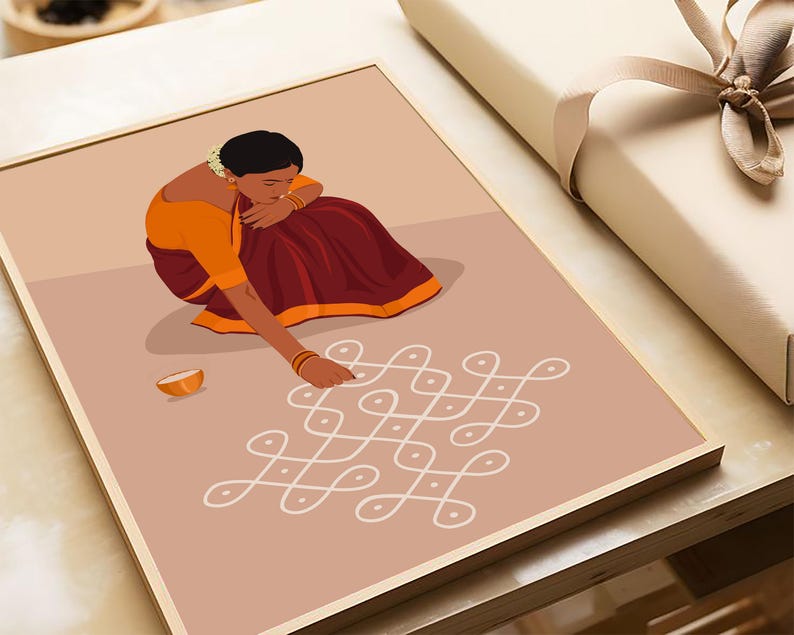 Rangoli Kolam väggkonst, indisk kvinna sari-konst, Pooja rumsdekor (digital nedladdning) bild 8