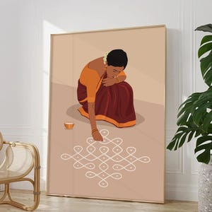 Rangoli Kolam väggkonst, indisk kvinna sari-konst, Pooja rumsdekor (digital nedladdning) bild 7