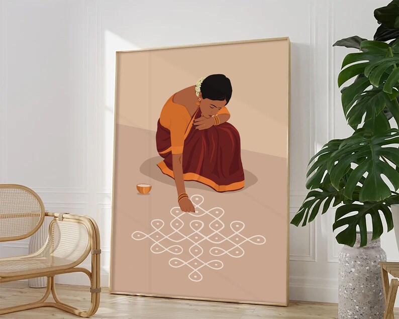 Rangoli Kolam väggkonst, indisk kvinna sari-konst, Pooja rumsdekor (digital nedladdning) bild 7