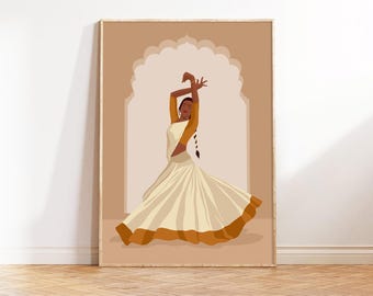 Classical Dancer Minimalist Wall Art, kathak dance art, Traditional South Asian Art, Brown Girl Art, Boho Ethnic Decor, Dances Of India