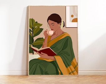 Indian Woman Reading Art Print: Desi Boho Wall Decor (Digital Download)