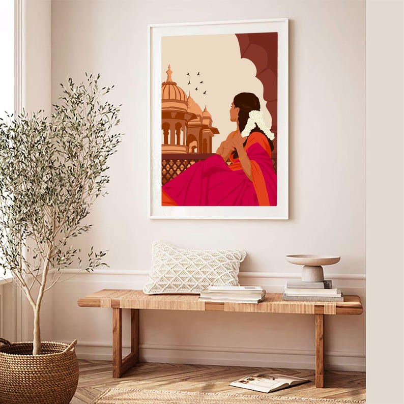 Traditional Indian Woman Art, Gajra Art, Tamil Girl Wall Art, Desi Brown Girl Art, Indian Art Print, South Asian Art Digital Download image 8