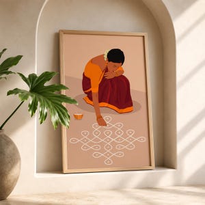 Rangoli Kolam väggkonst, indisk kvinna sari-konst, Pooja rumsdekor (digital nedladdning) bild 3